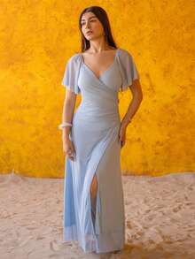 Andrea Bello 女士浅紫色V领荷叶袖褶裥开衩连衣裙，优雅伴娘礼服，派对礼服，春夏款 - 藍色 - 查看 5