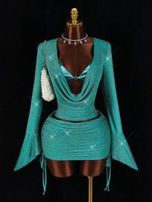 Amplova Women's Sexy 2 Pieces Set, Suitable For Party, Long Sleeve Top With Bra Cup And Mini Skirt, Autumn/Winter - Blue - View 4