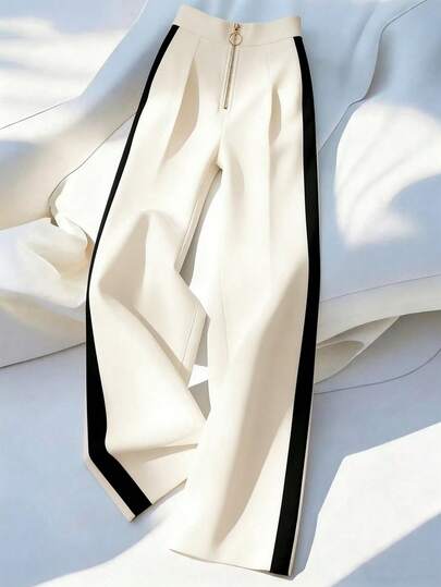 Franclia 春夏新款高腰拼接直筒阔腿裤，拉链装饰，女款