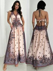 Women's Elegant Vacation Retro Bohemian Beach V-Neck Halter Backless Print Waist Hollow Long Dress, Suitable For Spring And Summer Backless Sundress Sexy Summer Dresses For Women Bohemian Dresses Backless Summer Dress - Multicolor - View 10