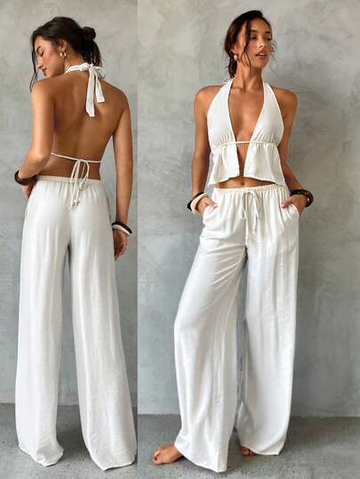 Aloruh 女士春夏新品套装，杏色无袖裹身上衣，系带领口，低腰串珠装饰阔腿裤，女士沙滩装，女士休闲装泳衣罩衫，女士夏季套装，两件套女士亚麻裤，亚麻裤女士泳衣罩衫，节日假期女士沙滩装，度假装女士