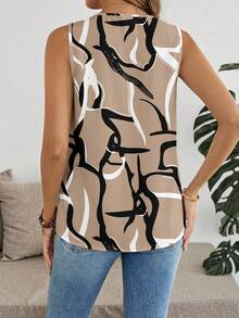 EMERY ROSE Elegant Abstract Line Print Khaki V-Neck Sleeveless Shirt, Plus Size, Suitable For Summer - Multicolor - View 2