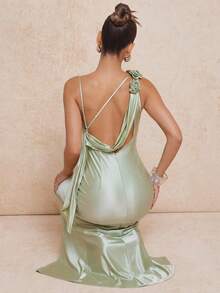 Lumalex 亮面立体花卉单肩露肩飘逸系带鱼尾连衣裙（女款） - 綠色 - 查看 14