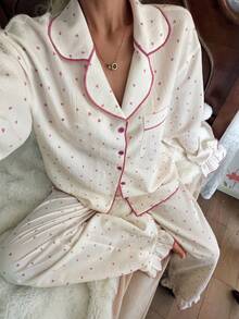 CottageSlumber 女士春秋季爱心印花翻领长袖睡衣套装 - 杏色 - 查看 3
