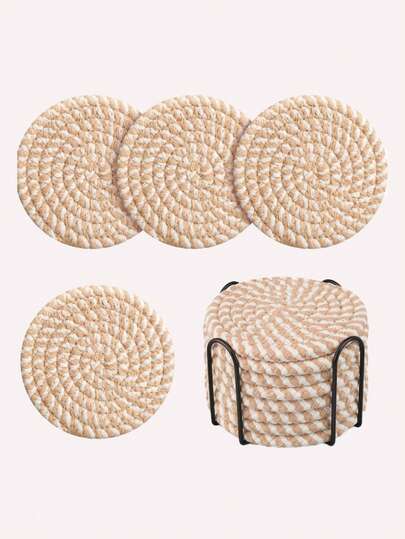 Bộ 8 đế lót ly kèm giá đỡ, đế lót ly dệt tối giản, đế lót ly chịu nhiệt và dày dặn cách nhiệt cho bàn bếp, bộ đế lót ly đa dạng trang trí nhà cửa, phòng khách, bảo vệ mặt bàn bếp, phù hợp với nhiều loại cốc, quà tặng Giáng sinh.