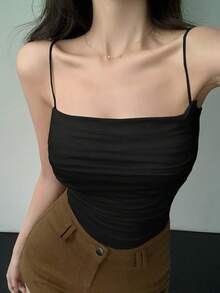Camiseta sin tirantes plisada de unicolor para mujer, top casual y sexy de verano - Negro - Ver 6