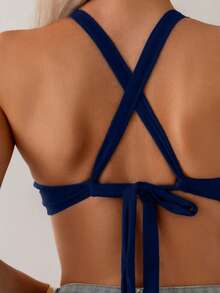 Swim Lushoire 女士纯色交叉后背带简约休闲比基尼上衣 - 藍色 - 查看 5