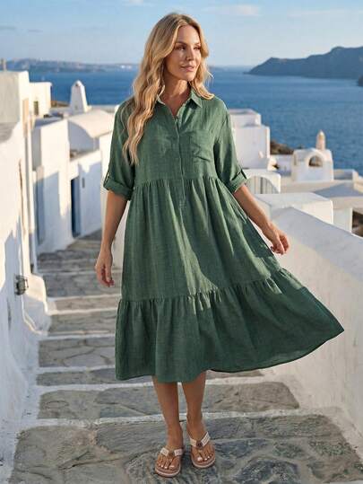 EMERY ROSE فستان قميص كاجوال متوسط الطول بأكمام مرصعة وأزرار نصف الحجاب بلون أحادي للنساء