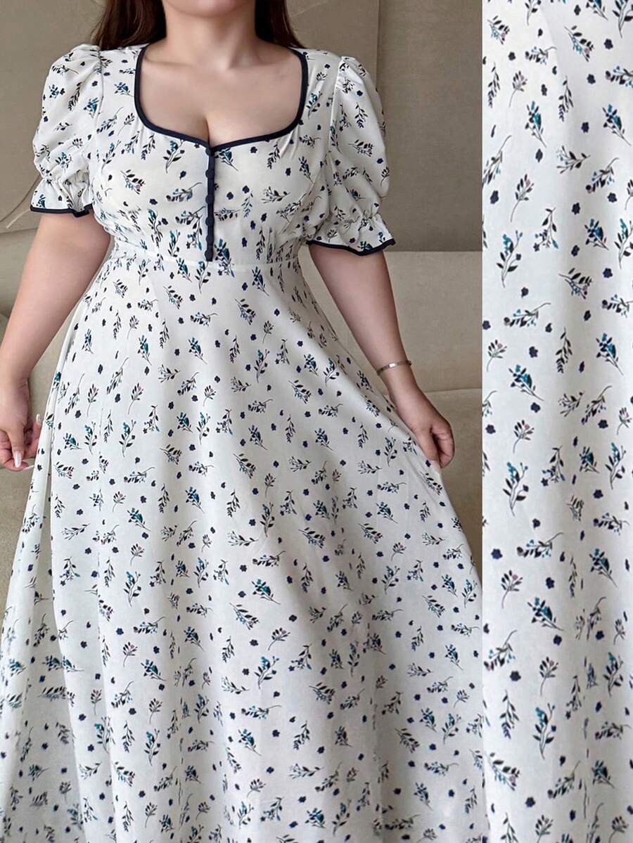 Vibekara Plus Size Women's Ditsy Floral Scoop Neck Curve Maxi Dress,White Summer Contrast Color Collar Button Front Fit And Flare Party Dress,Retro Collegiate - Multicolor - View 1