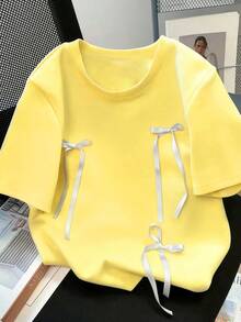 SHEIN Women's Round Neck 3D Bow T-Shirt - Round Neck Casual Top - Lightweight T-Shirt Suitable For All Seasons - Khaki - View 1