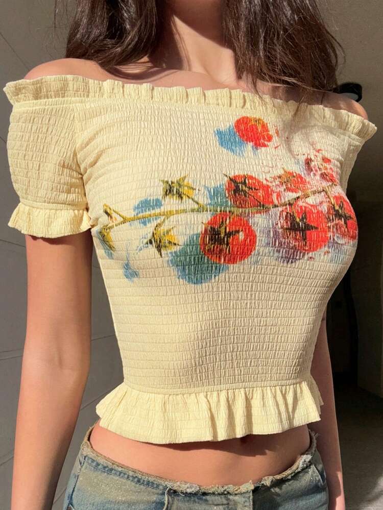 Spring & Summer Casual Street Style Yellow Off-Shoulder Top, Floral & Letter Print With Ruffle Hem, Music Festival & Vacation Vibe Short Sleeve T-Shirt For Women Graphic Tees Women Crop Tops Women