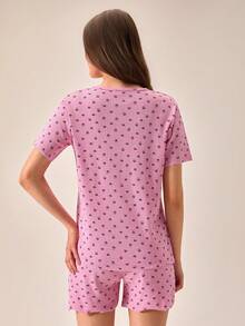 Loomlin Bộ đồ ngủ nữ 2 món bằng cotton, dệt kim gân, màu hồng phối tương phản, họa tiết trái tim, cổ tròn, tay ngắn, áo và quần short, thoải mái, mặc nhà. - Hồng - Xem 2