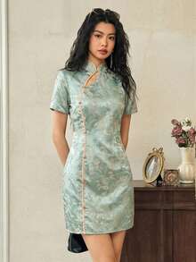 EastFlair Women's Jacquard Chinese Style Short Sleeve Elegant Mini Dress Chinese Style Dress Asian Dress Cheongsam Dress Chinese Outfit Women Qipao Dress - Green - View 4