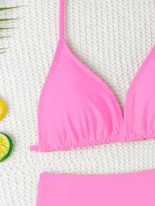 SHEIN Bộ bikini hai mảnh gợi cảm bằng vải dệt kim dành cho thiếu nữ, kiểu cổ yếm, thích hợp cho bơi lội, đi biển, hồ bơi, kỳ nghỉ hè. - Hồng - Xem 4