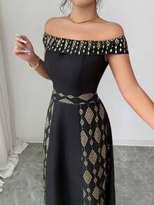 Rafferiza Women's Sleeveless Off-Shoulder Long Elegant Dress, Spring/Summer - Black Gold - View 3