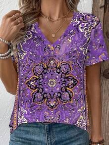 Camiseta de mujer de manga corta con cuello en V y estampado gráfico bohemio, para verano - Multicolor - Ver 3