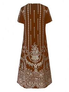 EMERY ROSE Đầm ngắn tay in họa tiết dáng maxi dành cho nữ cỡ lớn, thích hợp mặc hàng ngày. - màu nâu - Xem 2