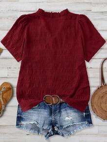 Linhara Plus Size Women's Solid Color Textured V-Neck Short Sleeve Casual Regular Blouse, Suitable For Going Out, Vacation, Club - Burgundy - View 2