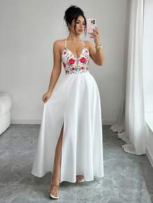 Elenzga Đầm cổ chữ V in hoa, buộc dây phía sau, xẻ tà, lưng thun, kiểu dáng thanh lịch, thoải mái cho kỳ nghỉ. - Nhiều màu - Xem 5