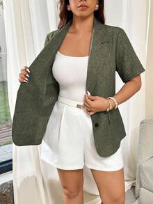 Vionelle Plus Size Women's French Style Short Sleeve Blazer,Army Green,Summer,Smart Casual,Everyday,Work,Elegant Business Office Corporate Wear Outfit - Army Green - View 7