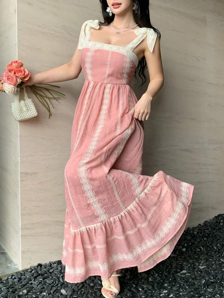 Women's Summer Colorblock Lace Patchwork Spaghetti Strap Vacation Style Casual Dress Sun Dresses For Women