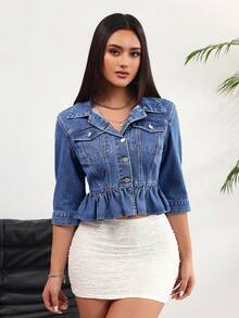 Rivivi Women's Casual Washed Denim Jacket With Ruffle Hem - Blue - View 4