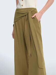 Aalyst Women's Elegant Lightweight Luxury Casual Bohemian Vacation/Work Commute Trousers, French Style Minimalist Design With Waist Tie, Pleated Waistband, Pockets, Wide Leg, Solid Color, Spring/Summer - Army Green - View 4
