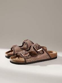 Solecia 女士鞋履春夏新款双扣调节设计露趾平底休闲度假风深色女士凉拖鞋，适合旅行度假、海边旅行 - 深棕色 - 查看 3