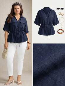Comfylo Plus Size Women Drawstring Waist Short Sleeve Utility Pocket Loose Shirt - Navy Blue - View 8