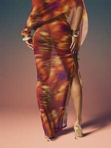 MISSGUIDED Women's Printed Side Split Maxi Skirt With Drawstring Tie Detail In Vibrant Abstract Pattern - Multicolor - View 3