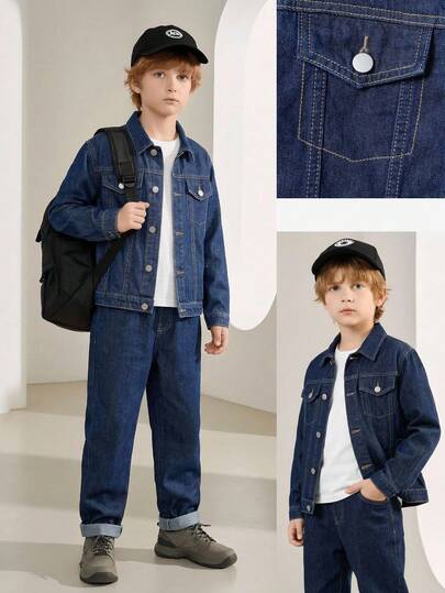 Teenage Boys' Summer New Brand Retro Dark Blue Denim Set, Children Loose Ins Casual Workwear Jacket + Multi-Pocket Denim Cargo Pants 2-Piece Suit, Suitable For Holidays, Casual Outings, School, Outdoor Activities, Travel, Family Events, Parties