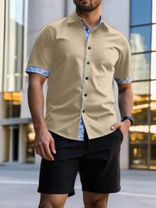 Manfinity Homme Plus Size Men's Single-Breasted Casual Versatile Daily Wear Short Sleeve Shirt - Khaki - View 3