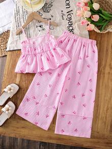 Emery Rose Kids 少女条纹蝴蝶结印花吊带背心搭配松紧腰阔腿裤，休闲日常穿搭 - 彩色 - 查看 11