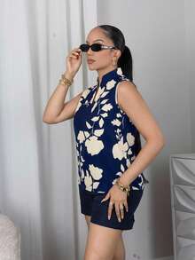 Melissa Matos V-Neck Silhouette Print Half-Placket Sleeveless Shirt - Multicolor - View 3