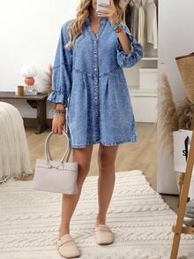 EMERY ROSE Plus Size Casual Front Button Denim Dress - Blue - View 5