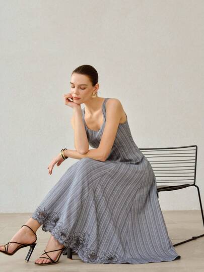 MOTF PREMIUM VESTIDO DE VERANO DE MUJER CON CUELLO CUADRADO SIN MANGAS, BORDADO Y CALADO