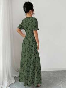 Elenzga 女士复古优雅印花A字型方领长裙，适合休闲、度假、日常穿着和聚会，春夏款 - 軍綠色 - 查看 2