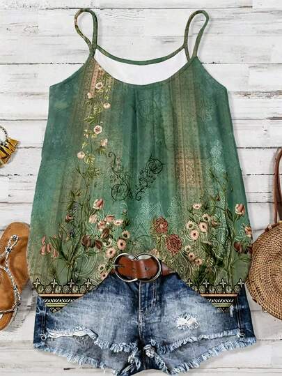 EMERY ROSE Women's Fashion With Elegant Patterns, Green Floral Motifs, Printed On A Summer-Style Vest-Style T-Shirt.