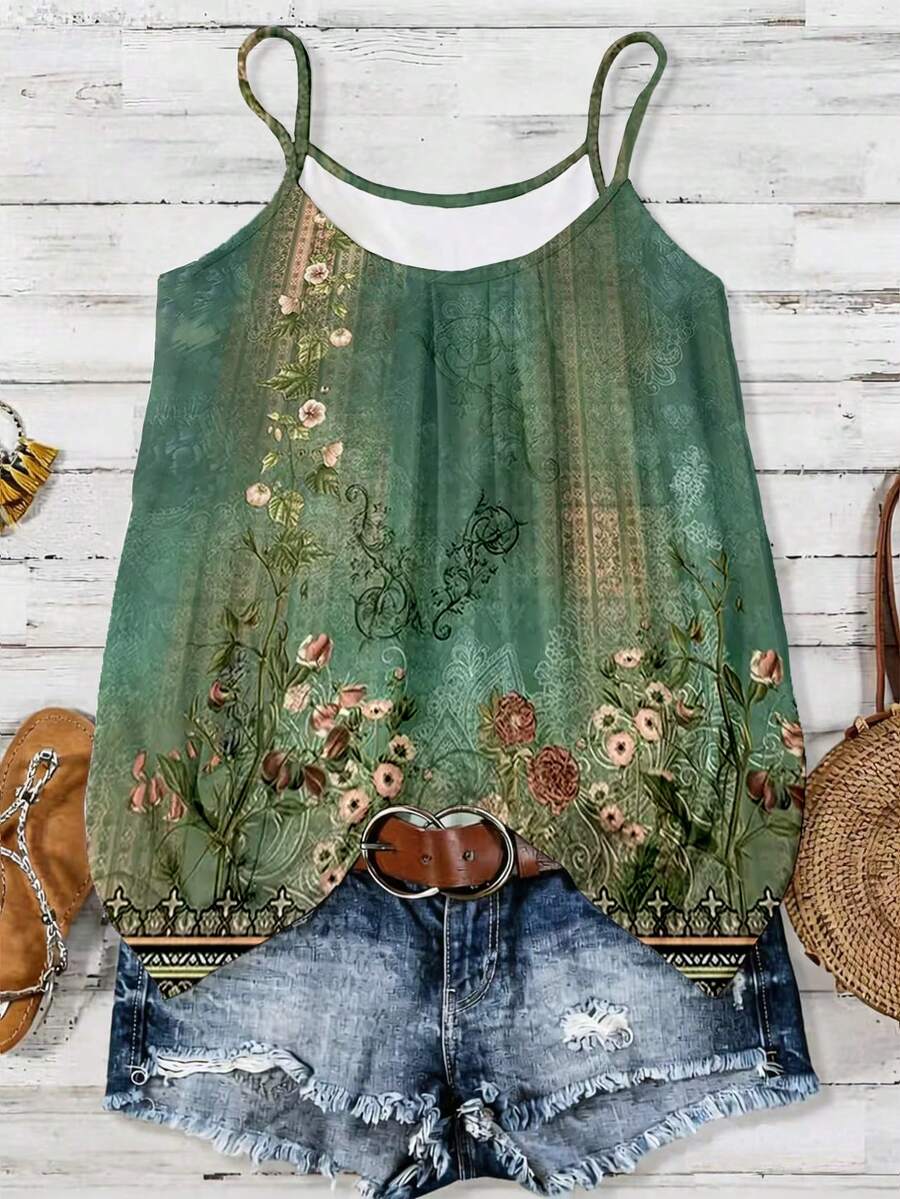EMERY ROSE Women's Fashion With Elegant Patterns, Green Floral Motifs, Printed On A Summer-Style Vest-Style T-Shirt. - Multicolor - View 1