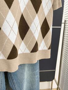 Franclia 新款春夏复古学院风撞色格纹针织套头毛衣（女款） - 杏色 - 查看 8