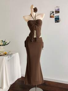 Soleia New Vacation Western Beach Wedding Guest Attire, Graduation Brunch, St. Patrick's Day, Spring Break, Easter, Music Festival Elegant Bohemian Tropical Strapless Sleeveless Blue Mesh Ruffle Hem Two Pieces Set - Coffee Brown - View 4