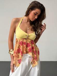 Aloruh 女士吊带系带碎花不对称下摆上衣，适合约会和外出穿着 - 黃色 - 查看 10
