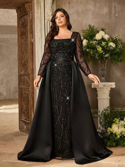 Aureia 大码优雅奢华黑色方领长袖连衣裙，饰以珍珠和水钻，适合婚礼、派对、庆典、正式晚宴及其他场合。