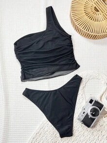 Swim Chiccia 黑色连体不对称领口网纱拼接褶皱休闲优雅女士沙滩吊带泳衣套装 - 黑色 - 查看 2