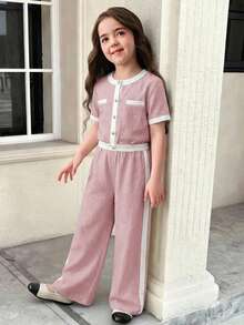 SHEIN Serisse Kids 两件套少女休闲正式优雅返校套装，撞色珍珠纽扣衬衫搭配直筒裤，返校季少女装 - 淺粉色 - 查看 4