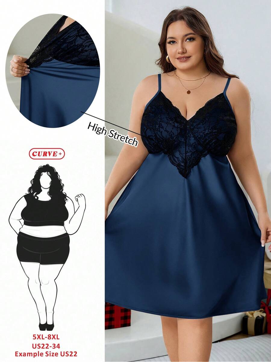 SHEIN CURVE+ 大码女式蕾丝拼接腰部镂空性感吊带睡裙 - 藏蓝色 - 查看 1