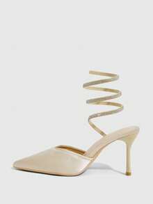 CUCCOO SZL 尖头时尚镂空性感水钻缎面蛇纹细跟包头浅金色高跟鞋 - 淺金色 - 查看 4