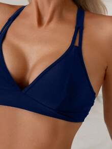 Swim Lushoire 女士纯色交叉后背带简约休闲比基尼上衣 - 藍色 - 查看 4