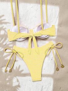 Swim Mod Bộ bikini hai mảnh kẻ sọc kiểu Âu và Mỹ mới về mùa hè, dây mảnh, cúp ngực có đệm mút, kiểu quần lọt khe ba điểm gợi cảm, cạp cao, đồ bơi dễ thương cho kỳ nghỉ biển của các cô gái - Màu vàng ngỗng - Xem 5