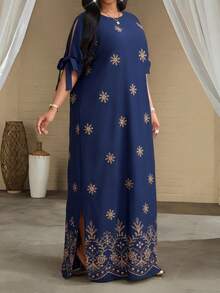 SHEIN Lady 大码夏季休闲碎花侧开衩连衣裙 - 彩色 - 查看 5